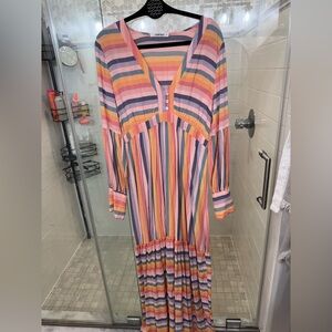 Self Contrast Long Sleeve Kaftan Striped Dress